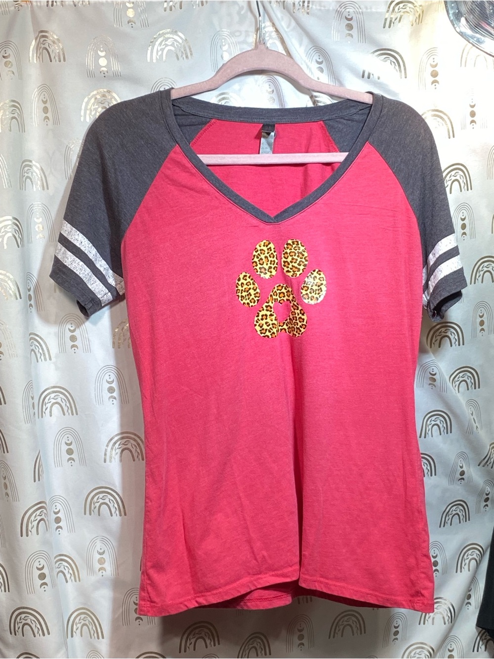 Pink V-Neck Raglan Tee with Leopard Paw Graphic. Upcycled
